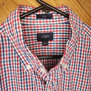 J. Crew slim fit medium red, blue, green plaid long sleeved button down shirt